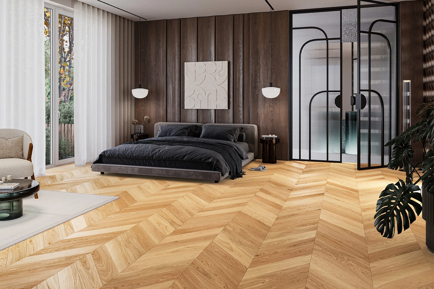 Nowoczesna sypialnia z podłogą w jodełkę i eleganckim wystrojem